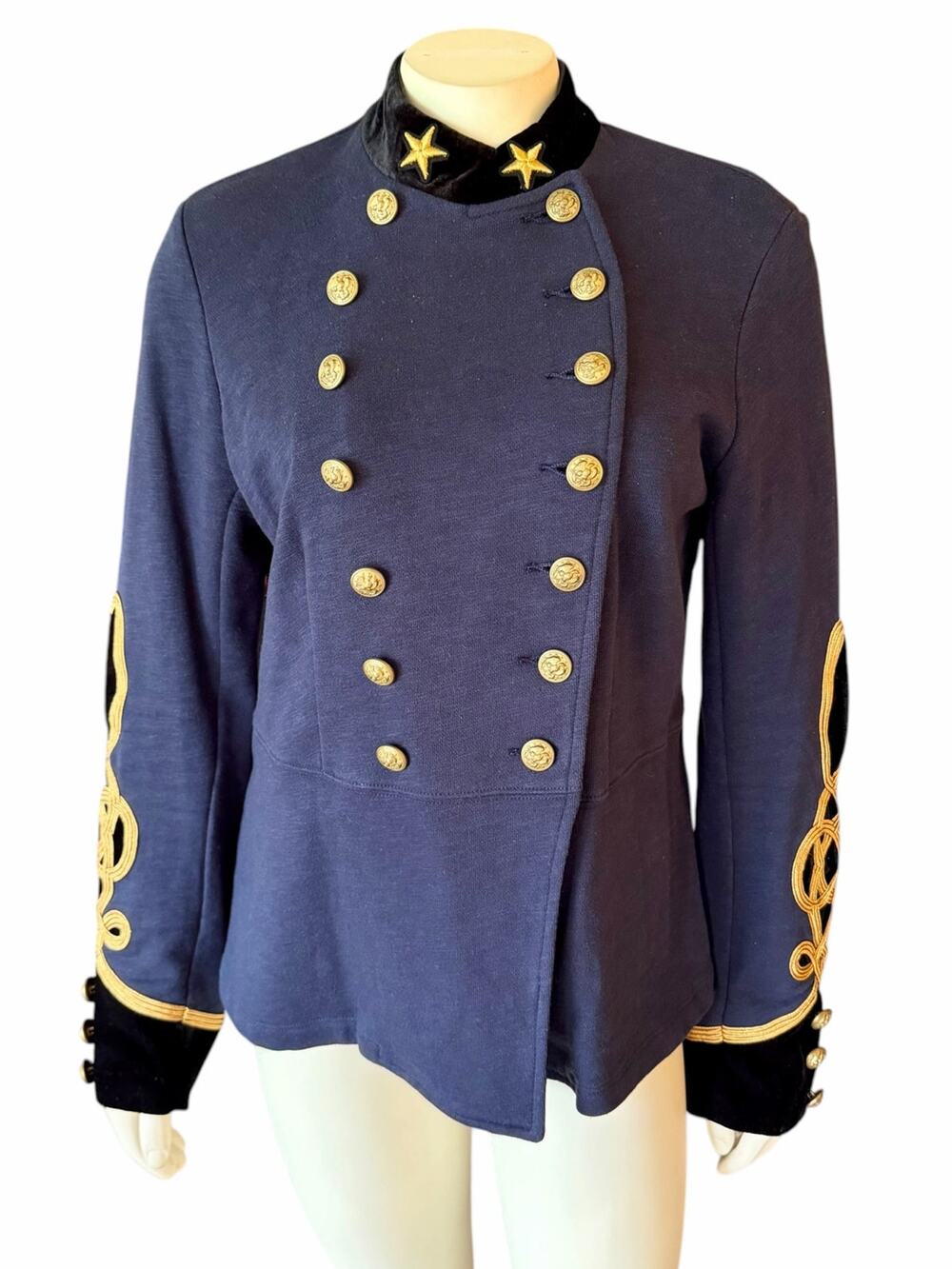 Denim & Supply Ralph Lauren Military Jacket Womens Large Blue Gold Velvet Band